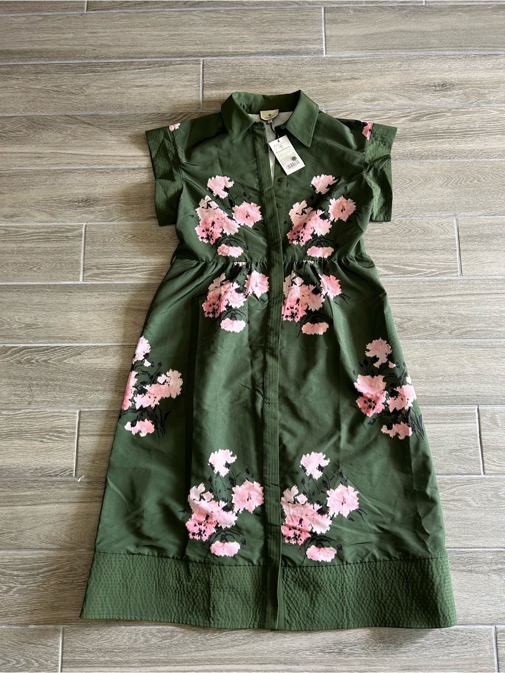 Tuckernuck Olive Green Midi Dress with Pink Floral Print